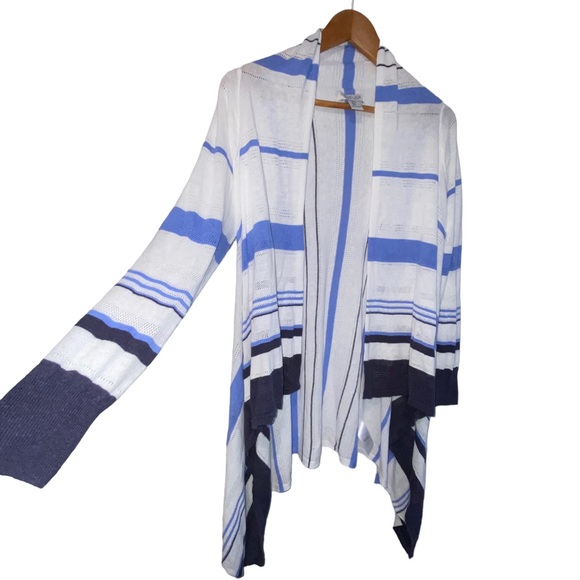 Rachel Zoe Linen Blend Open Blue Striped Lightweight Cardigan Sweater Medium - Picture 6 of 12